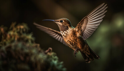 Fototapeta premium Hummingbird hovering mid air, iridescent feathers spread generated by AI