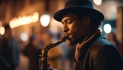 Young saxophonist blowing blues on outdoor stage generated by AI - obrazy, fototapety, plakaty