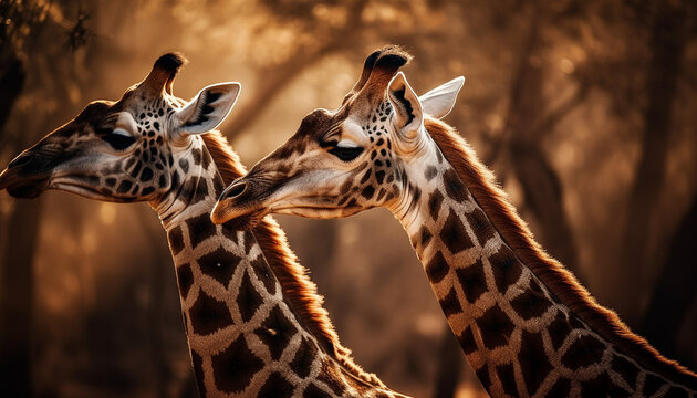 Giraffe calf kissing, standing in sunlight eating generated by AI