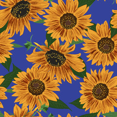 Sunflower Seamless Pattern. Leaves and Flowers Wallpaper. Bright Colorful artistic Drawing Floral Illustration. Hand Drawn Color Plants. Vector Illustration on Blue Background. For textile, fabric.