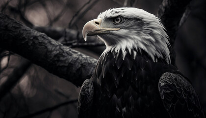 Fototapeta premium Bald eagle perching on branch, majestic hunter generated by AI