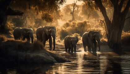Fototapeta na wymiar Elephants grazing in tranquil African landscape scene generated by AI