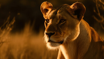 Majestic lioness walking in African savannah sunset generated by AI - obrazy, fototapety, plakaty