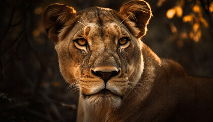 Fototapeta premium Majestic lioness staring, alert in the wilderness generated by AI