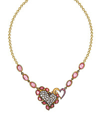 Jewelry design fancy heart set with gems gold necklace. Hand drawing and painting on paper.
