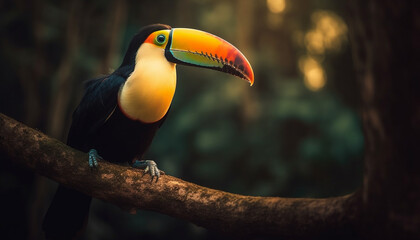 Vibrant toucan perched on branch in rainforest generated by AI