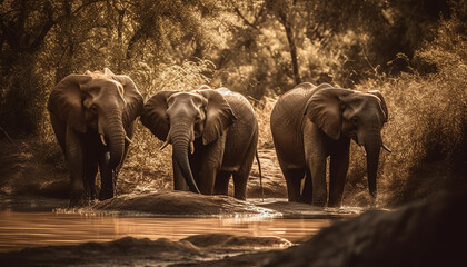 Fototapeta na wymiar Large African elephant herd walking through tranquil wilderness generated by AI