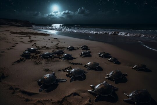 AI Generated Image of a group of baby turtles making their way towards the sea on a moonlit beach