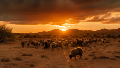 Fototapeta na wymiar Flock grazes on tranquil African meadow at dusk generated by AI