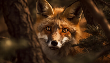Obraz premium Red fox staring, alert in winter forest generated by AI