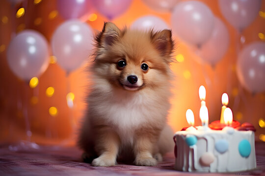 Cute Pomeranian puppy with birthday cake and balloons portrait studio shot