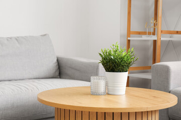 Wooden coffee table with houseplant in interior of living room