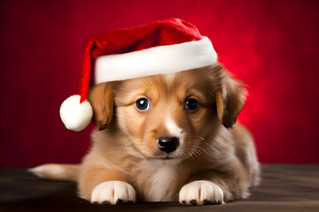 Cute puppy wearing Santa Claus hat portrait studio shot