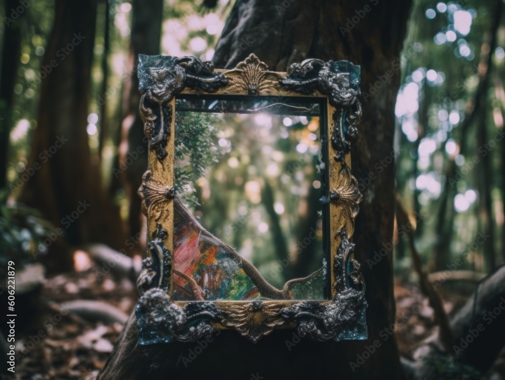 Poster a mirror sitting in the middle of a forest. ai generative image.