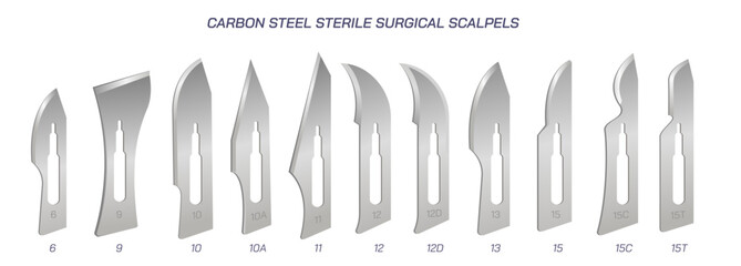 Realistic carbon stainless steel Surgical scalpel blades vector illustration.