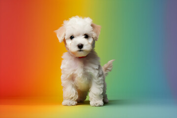 Cute puppy portrait rainbow background studio shot