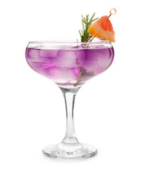 Purple gin and tonic with rosemary on white background