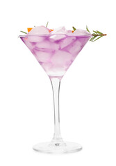 Purple gin and tonic with rosemary on white background