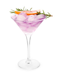 Purple gin and tonic with rosemary on white background