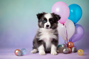 Fototapeta na wymiar Cute Collie puppy with balloons portrait studio shot