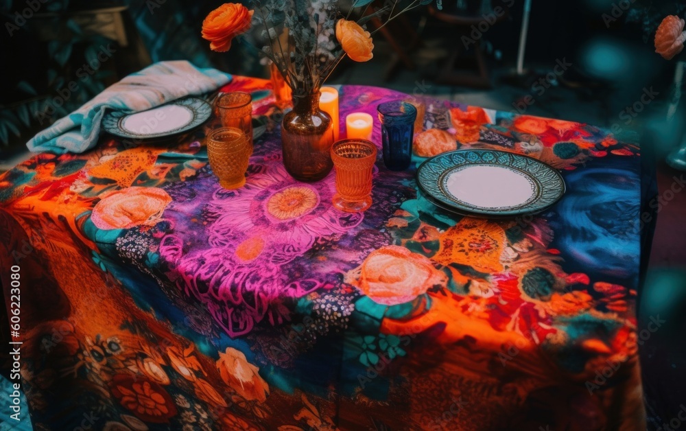 Aufkleber a table topped with a colorful cloth covered table. ai generative image.