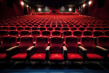 Empty red chairs in cinema with nobody, created with Generative AI Technology - obrazy, fototapety, plakaty