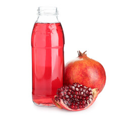 Bottle of fresh pomegranate juice on white background