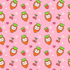 Kawaii pattern with carrots, strawberries and cherries on pink background
