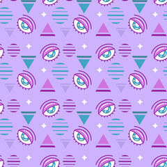 Pattern with eyes and triangles on purple background
