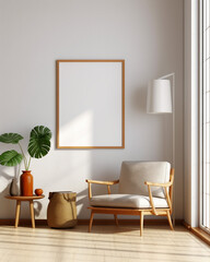 Living room interior mockup with frame - created with Generative AI technology