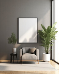Living room interior mockup with frame - created with Generative AI technology