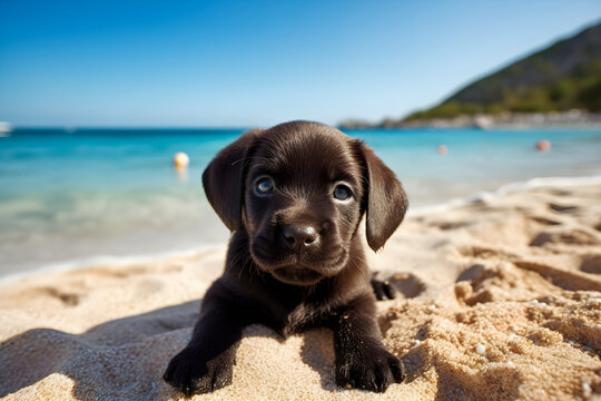 Cute black puppy on tropical beach shore portrait