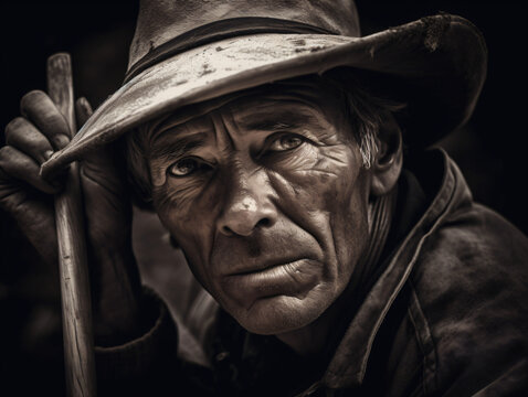 A black and white portrait of an old farmer man wearing a hat Generative Ai