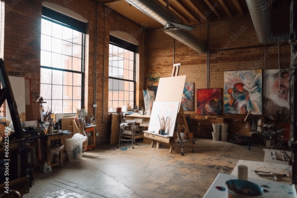 Poster an artist's studio with a large easel in the foreground. ai generative image.