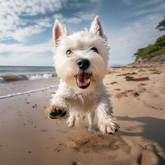 Cute West Highland terrier puppy running on the beach created with Generative AI tools