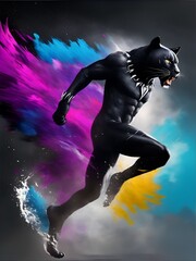 Fototapeta na wymiar A black panther running in mid-air in a show of colors, in an effect of watercolor ink splatters in the air. AI generated and human created by me.