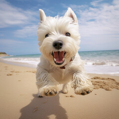 Cute West Highland terrier puppy running on the beach created with Generative AI tools