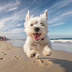 Cute West Highland terrier puppy running on the beach created with Generative AI tools