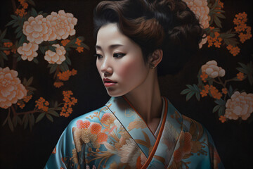 A woman in a floral kimono isolated on a black background Generative Ai
