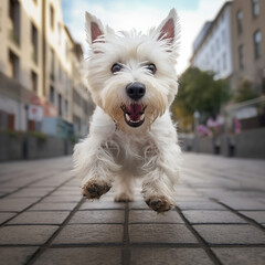 Cute West Highland terrier puppy running on the streets created with Generative AI tools
