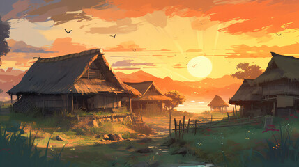A sunset over a village anime style illustration Generative Ai
