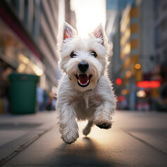 Cute West Highland terrier puppy running on the streets created with Generative AI tools