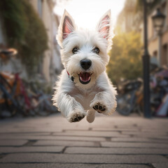 Cute West Highland terrier puppy running in the streets created with Generative AI tools