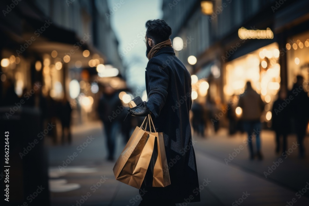 Sticker A man walking down a street holding a shopping bag. AI generative image.