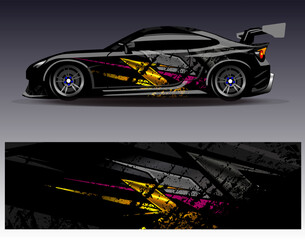Fototapeta premium Car wrap design vector.Graphic abstract stripe racing background designs for vehicle, rally, race, adventure and car racing livery