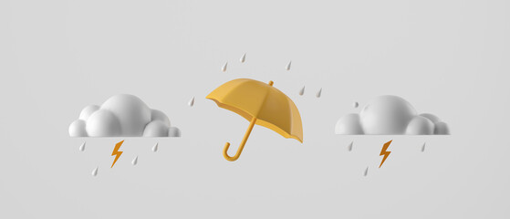 3d cartoon icon rain season background. 3d clouds and rain on white background concept for banner, cover, poster, brochure. 3d rendering illustration