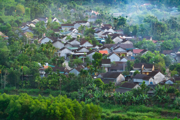 The village is in the valley with tile roof houses of Vietnamese people. With little morning dew...
