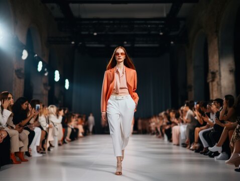 A model walks down the runway at a fashion show. AI generative image.
