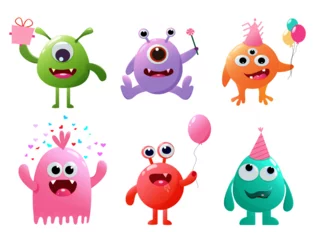 Fotobehang Monster birthday set vector design. Birthday cute monster and mascot collection holding party elements. Vector illustration colorful character costume. © ZeinousGDS