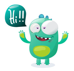 Monster character vector design. Monster mascot in green color with greeting text in white background. Vector illustration funny and cute cartoon character.